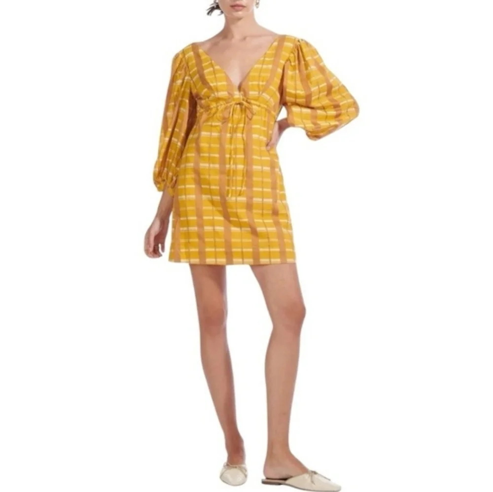 STAUD Keshi Dress Mustard Plaid Long Sleeve Mini Dress V neckline Size Large - Picture 2 of 7